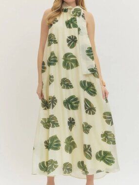 entro Cream Maxi Dress with Green Leaf Print Halter